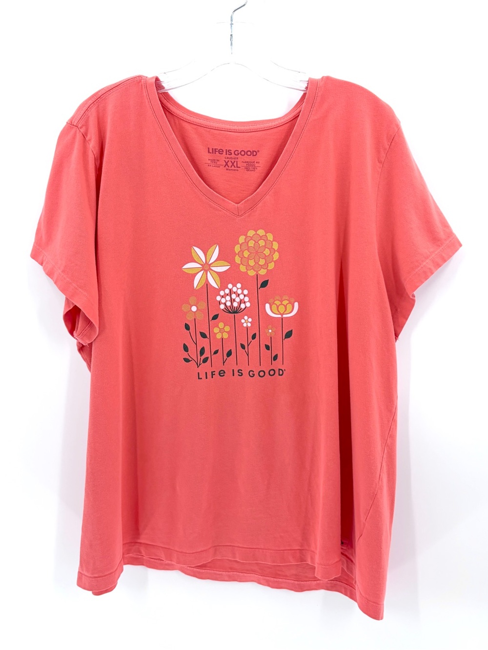 Life Is Good Coral Short-Sleeve V-Neck Tee with Floral Graphic